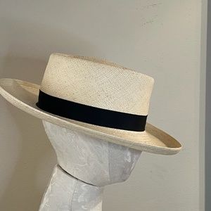Unisex Classic Wide Brim Straw Panama Fedora with Black Grosgrain Band Medium